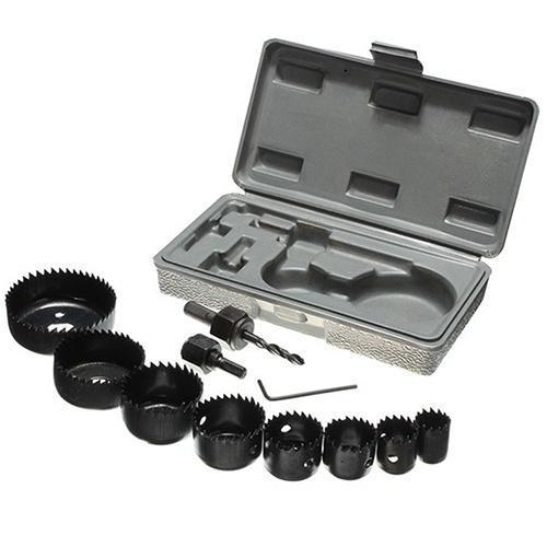 The Wukusy 428 Wood Hole Saw Cutting Set includes 11 multicolour carbon steel hole saws (19-64mm), an arbor, hex key, and a gray storage case, all shown on a white background.