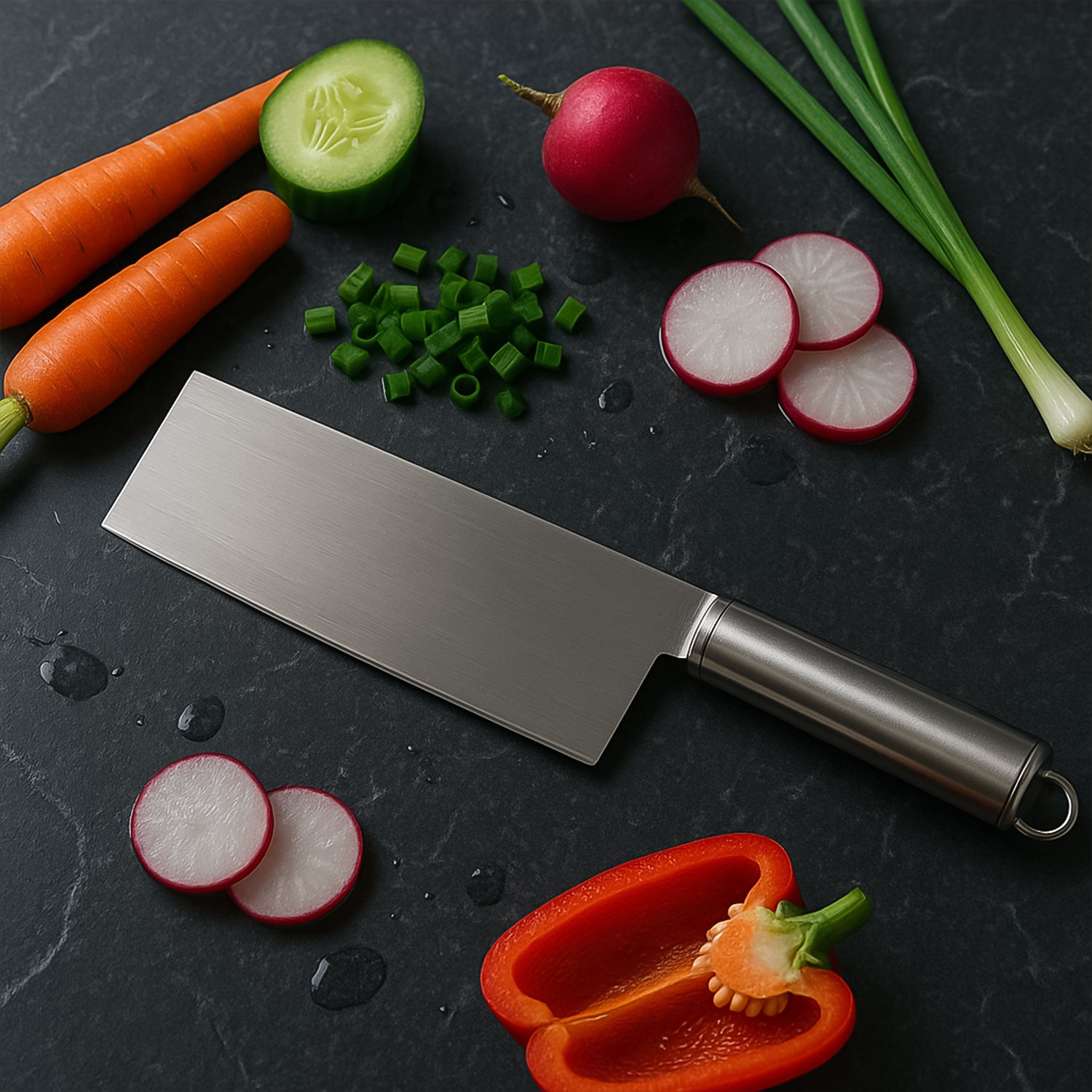 The Wukusy Professional-grade Stainless Steel Vegetable Cleaver Knife 1 Pc rests on a black countertop, surrounded by fresh carrots, cucumber, radish slices, scallions, and halved red bell pepper, with water droplets glistening nearby.