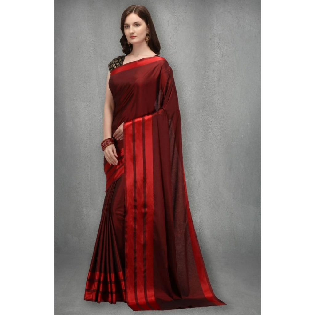 Women's Satin Silk Striped Saree With Unstitched Blouse - Red