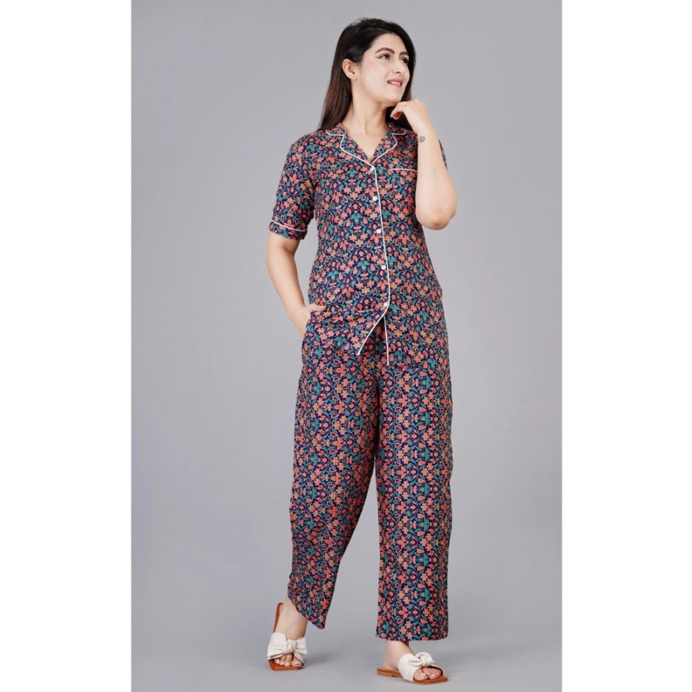 Women's Casual Half Sleeve Printed Viscose Rayon Shirt With Pyjama Pant Night Suit Set