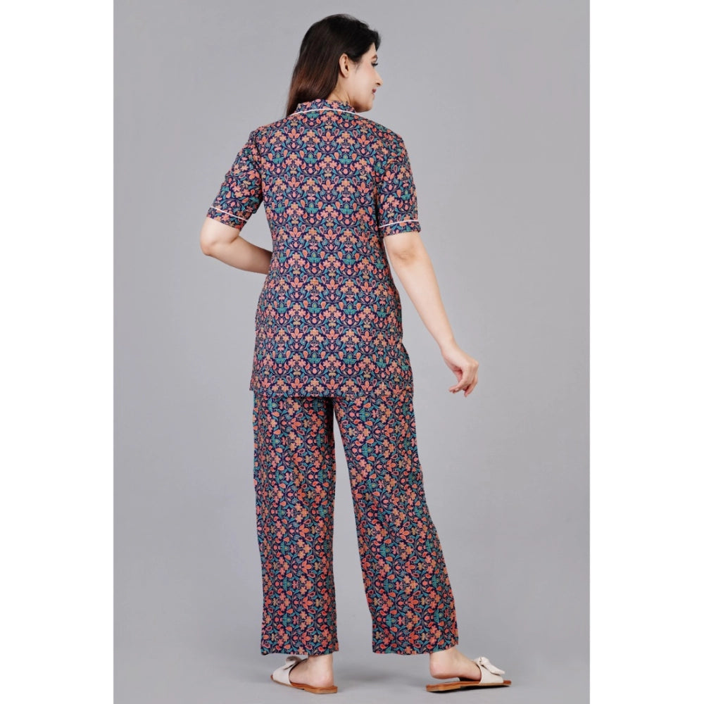 Women's Casual Half Sleeve Printed Viscose Rayon Shirt With Pyjama Pant Night Suit Set