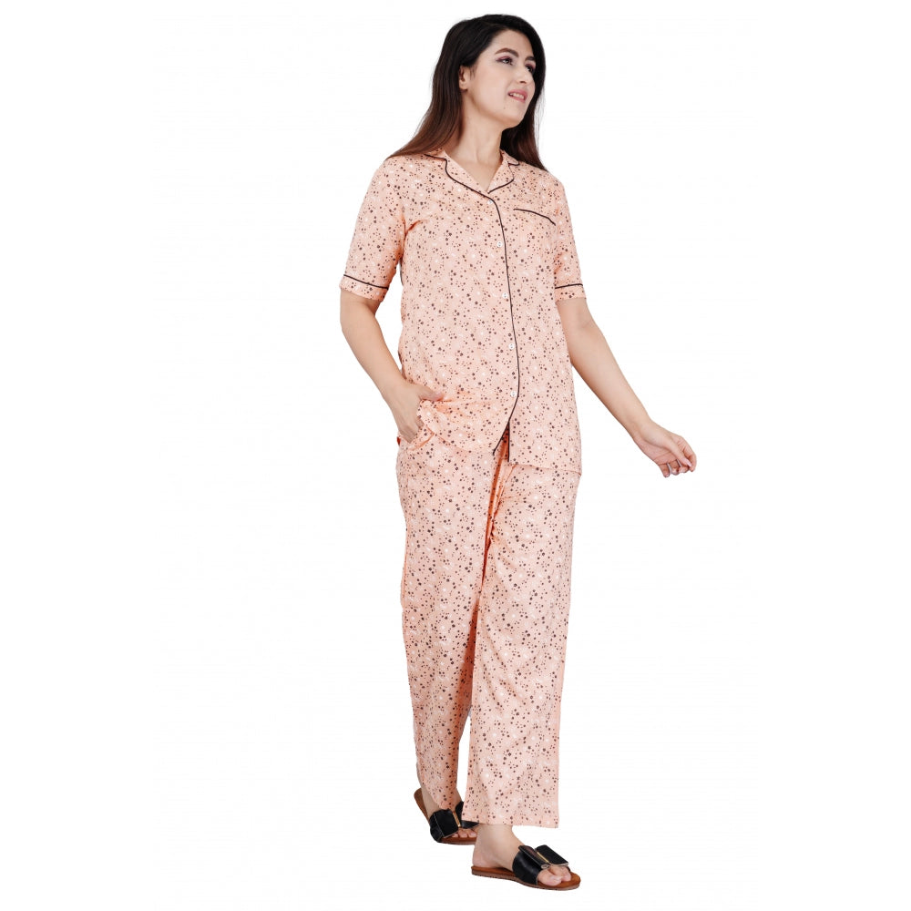 Women's Casual Half Sleeve Printed Viscose Rayon Shirt With Pyjama Pant Night Suit Set