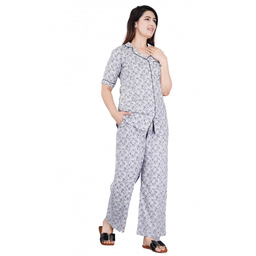 Women's Casual Half Sleeve Printed Viscose Rayon Shirt With Pyjama Pant Night Suit Set