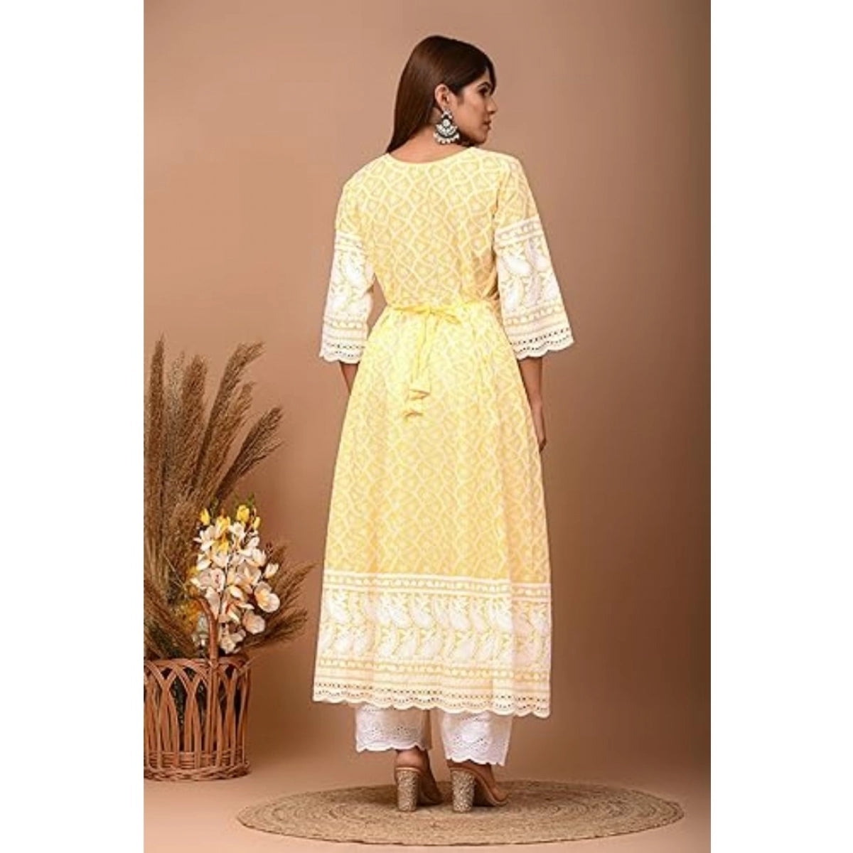 Women's Cotton Embroidered Kurti Set - Yellow (3/4th Sleeve)