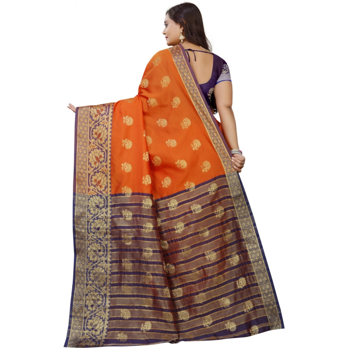 Women's Silk Blend Woven Saree With Unstitched Blouse - Gold Orange