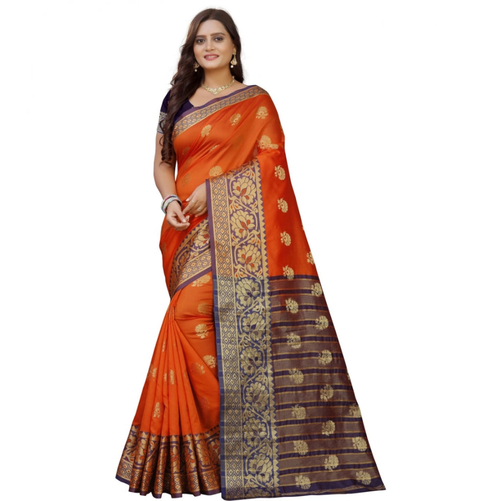 Women's Silk Blend Woven Saree With Unstitched Blouse - Gold Orange