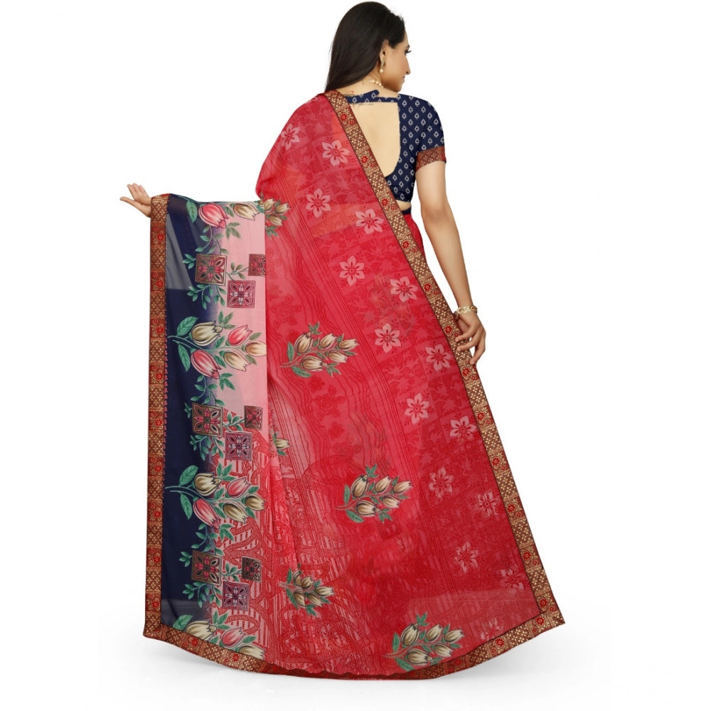 Generic Women's Georgette Floral Print Saree With Unstitched Blouse 5.5Mtr (Red-Blue)