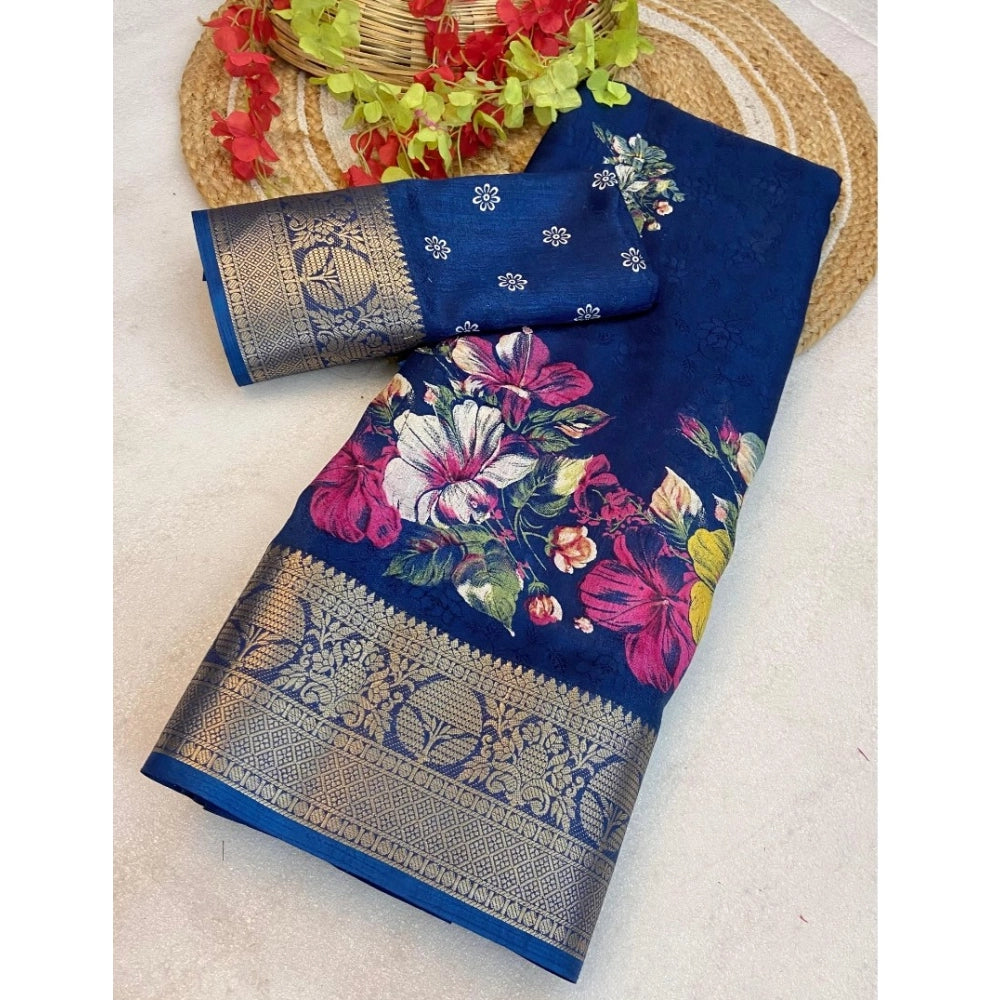 Generic Women's Jacquard Printed Saree With Unstitched Blouse 5.5Mtr (Blue)