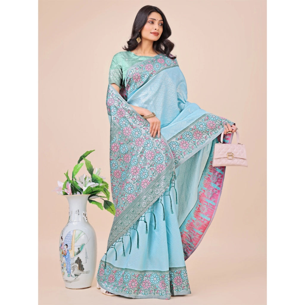 Women's Lichi Silk Printed Saree with Unstitched Blouse - Teal (5.5m)
