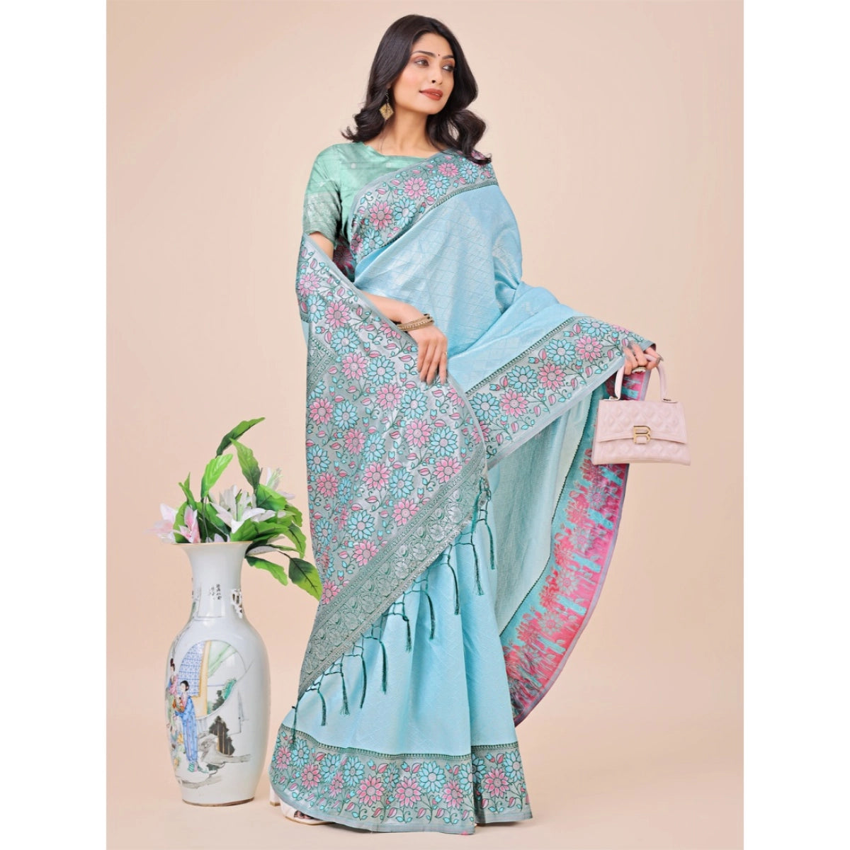 Women's Lichi Silk Printed Saree with Unstitched Blouse - Teal (5.5m)