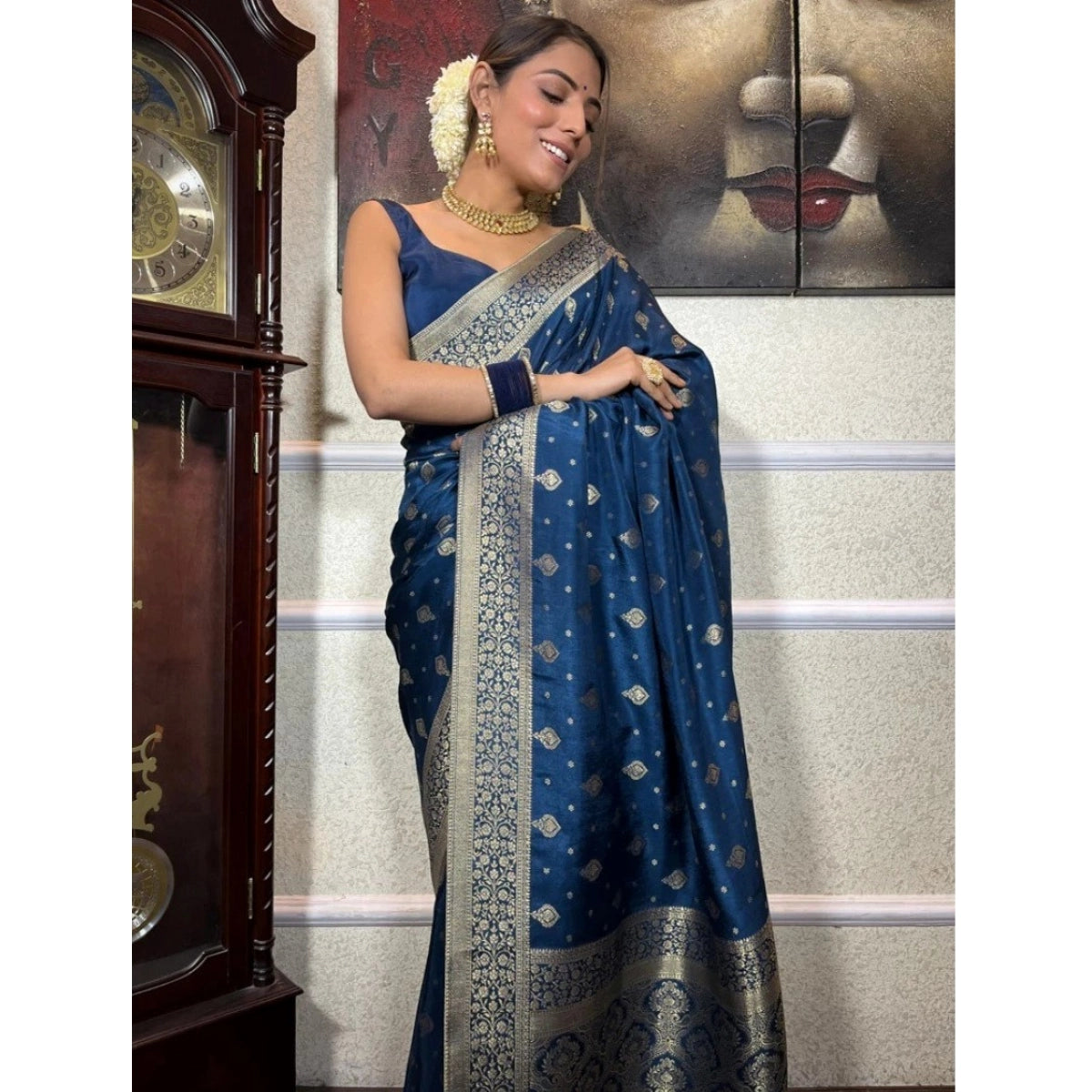 Women's Silk Printed Saree with Unstitched Blouse - Rama Blue (5.5m)