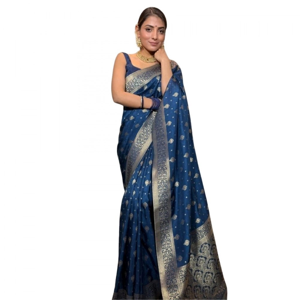 Women's Silk Printed Saree with Unstitched Blouse - Rama Blue (5.5m)