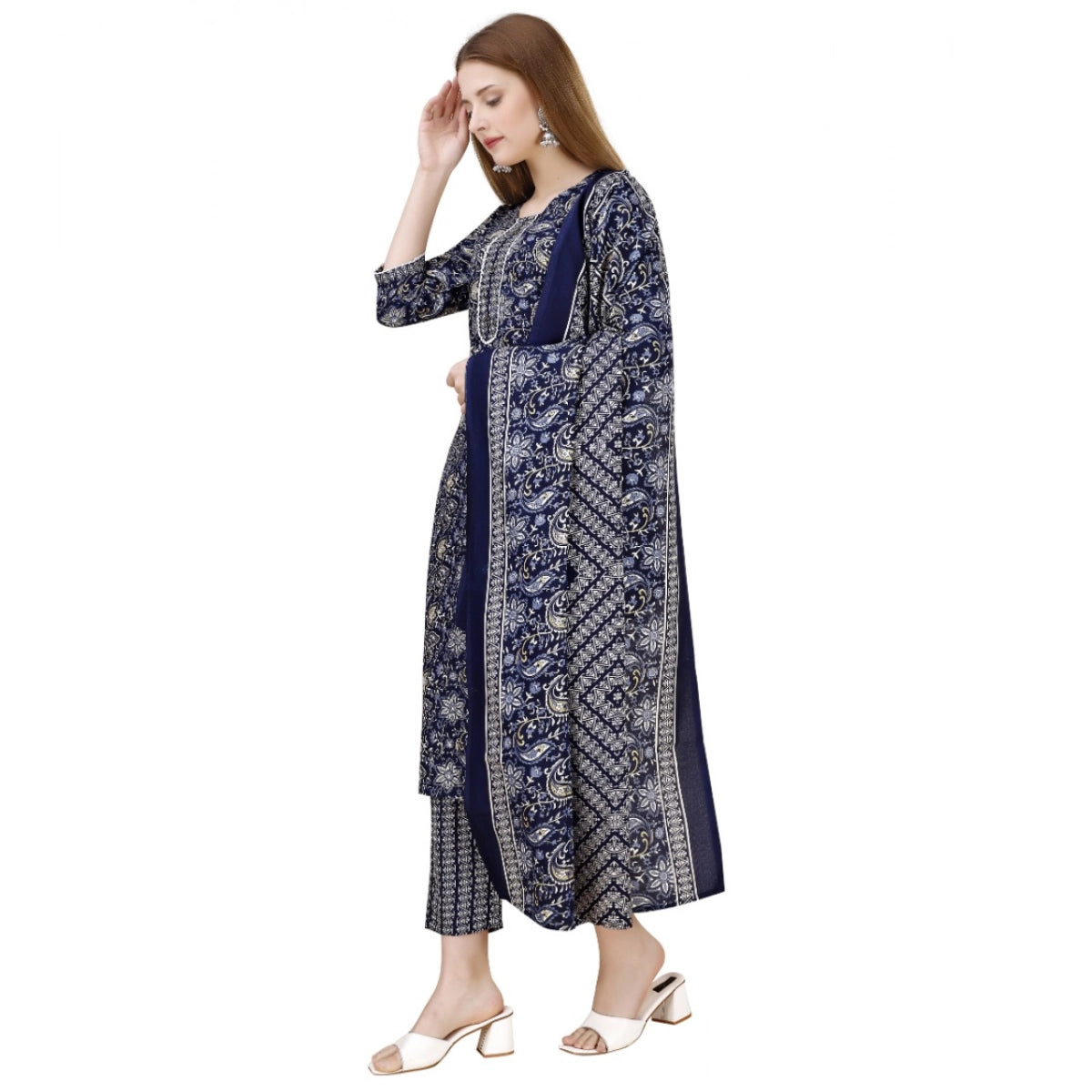 Women's Cotton Blend Printed 3-4 th Sleeve Round Neck Kurti With Pant Dupatta Set