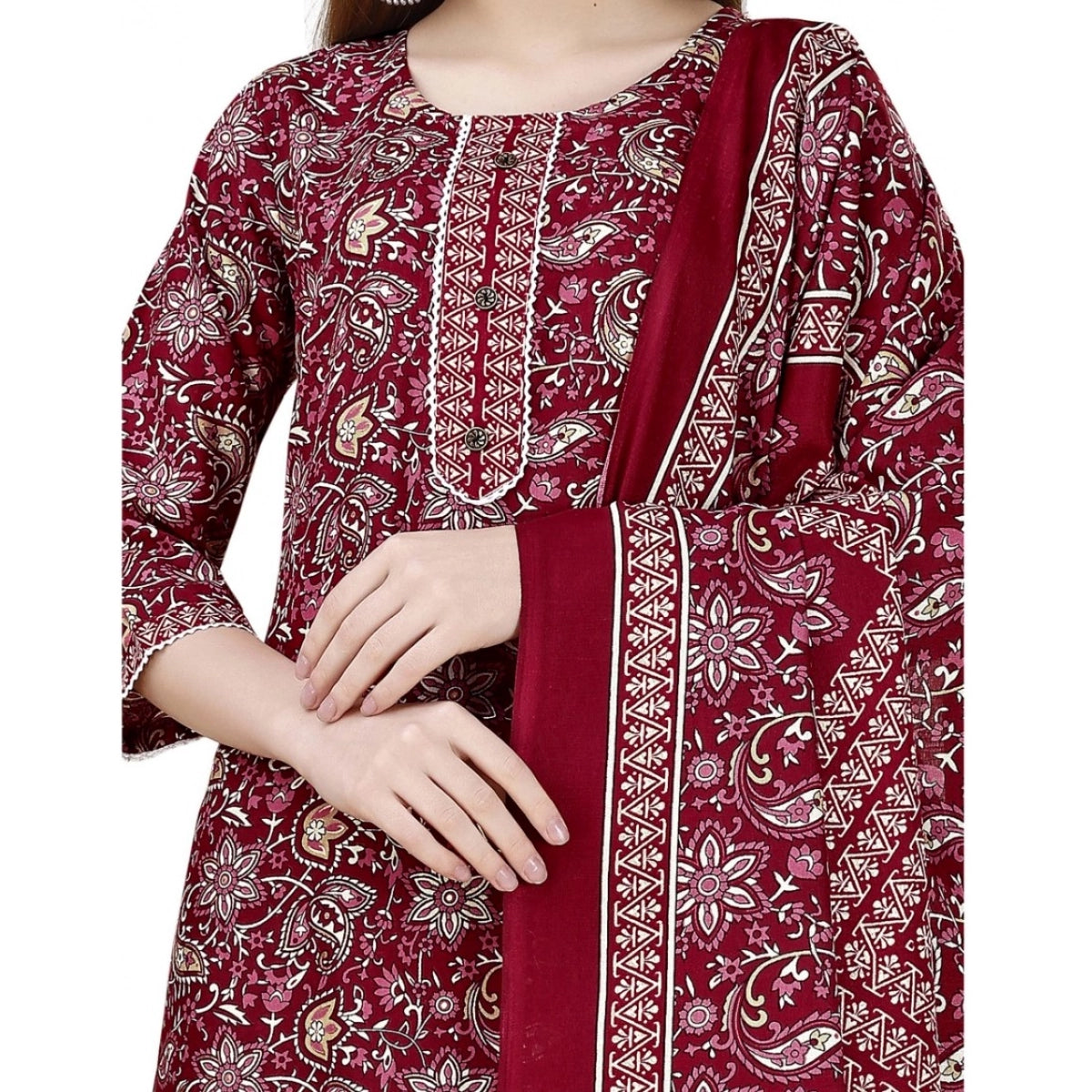Women's Cotton Blend Printed 3-4 th Sleeve Round Neck Kurti With Pant Dupatta Set