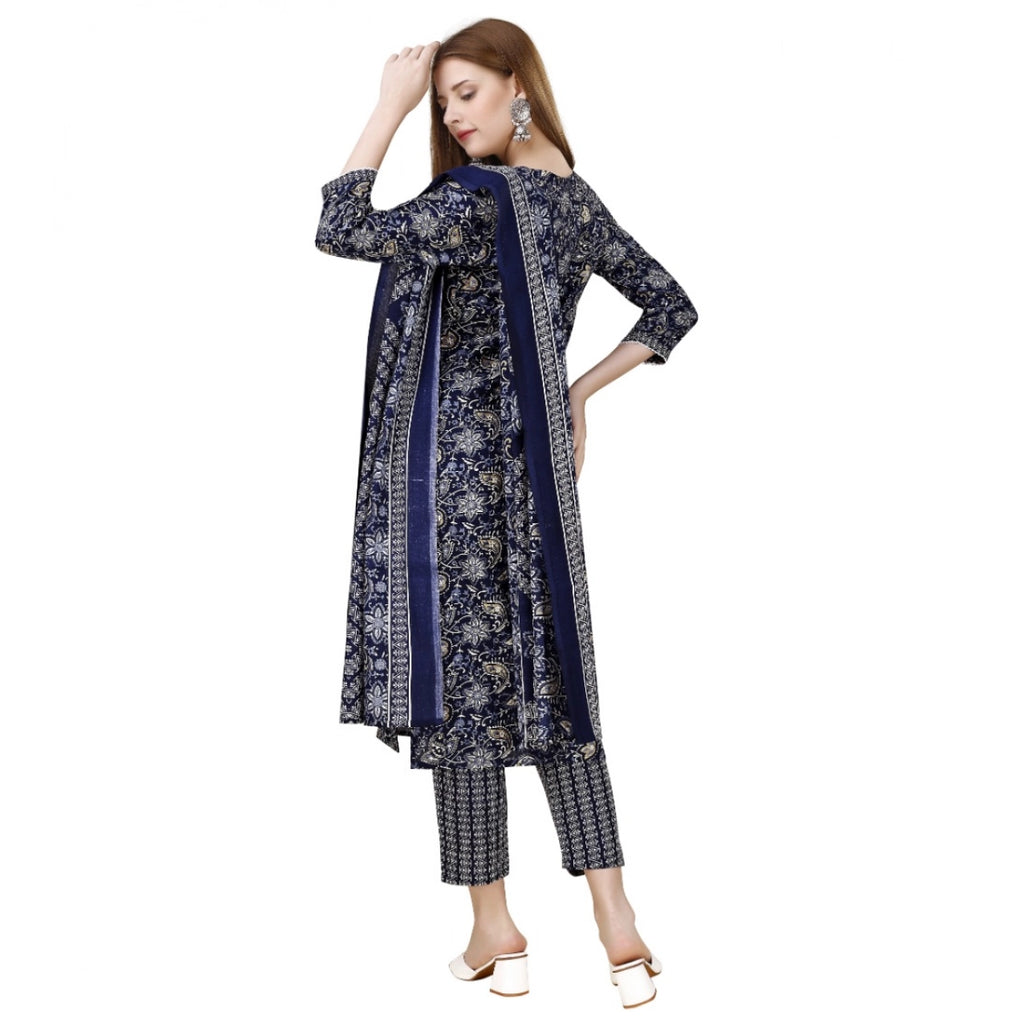 Women's Cotton Blend Printed 3-4 th Sleeve Round Neck Kurti With Pant Dupatta Set