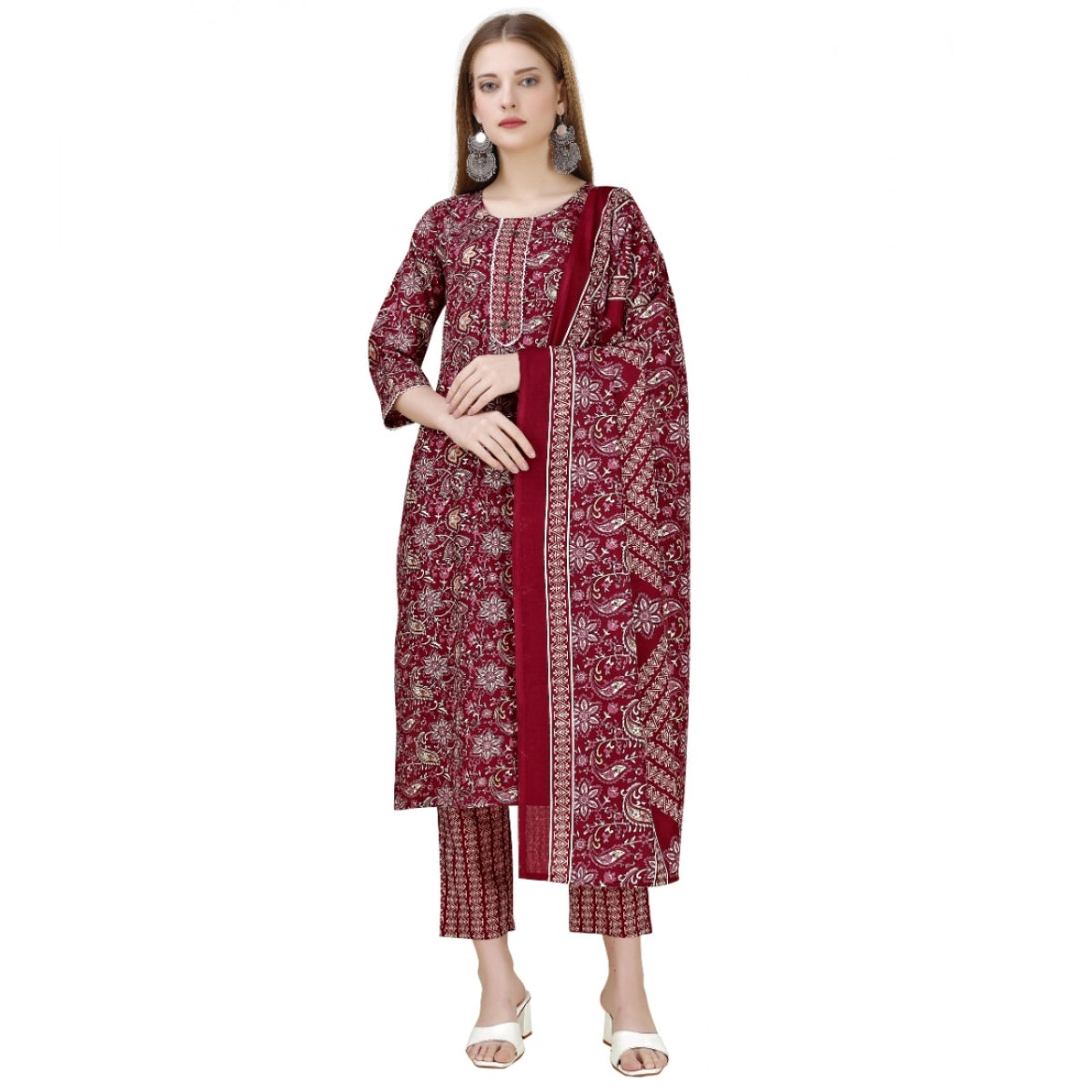 Women's Cotton Blend Printed 3-4 th Sleeve Round Neck Kurti With Pant Dupatta Set