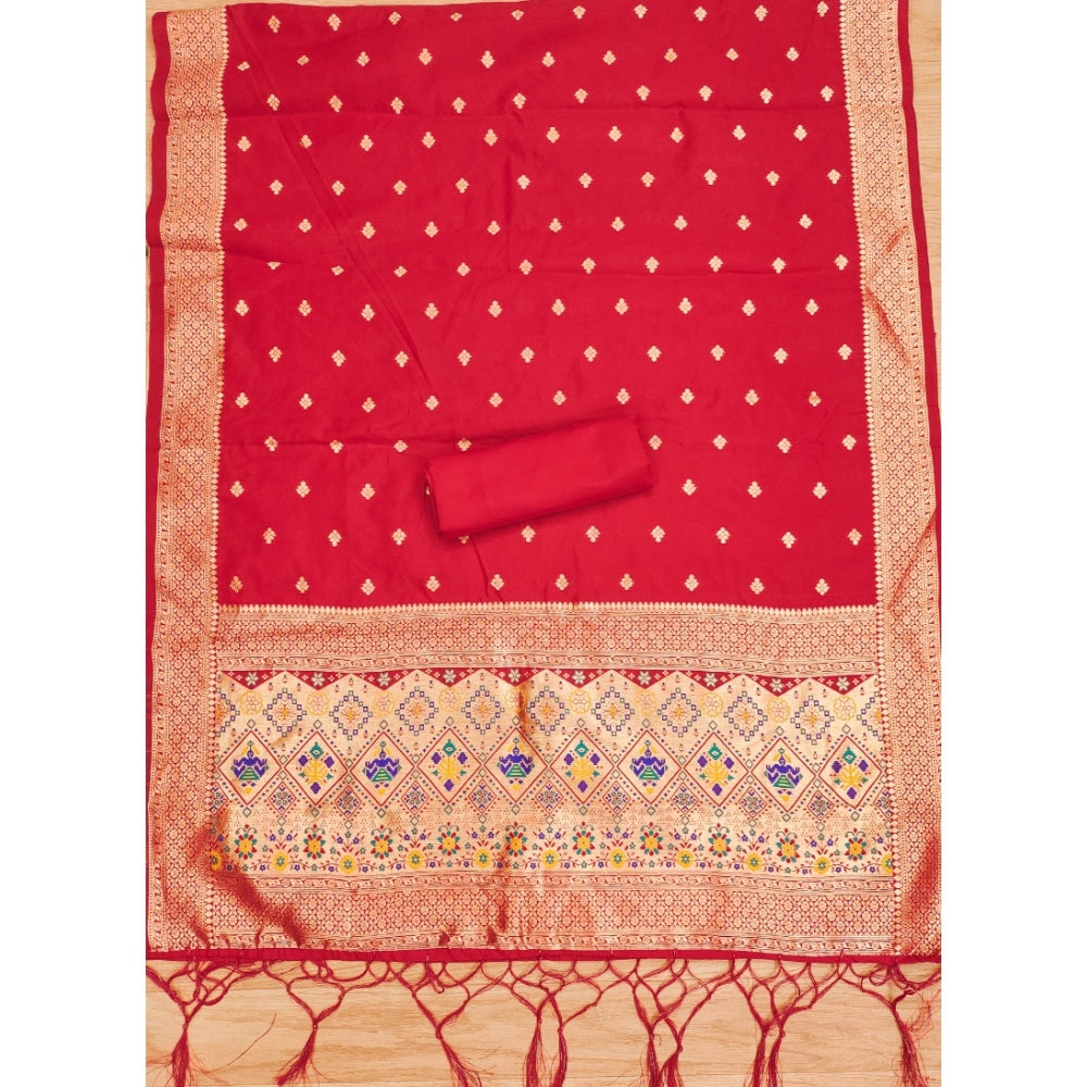 Women's Banarasi Silk Printed Unstitched Salwar Suit Material With Dupatta - Red