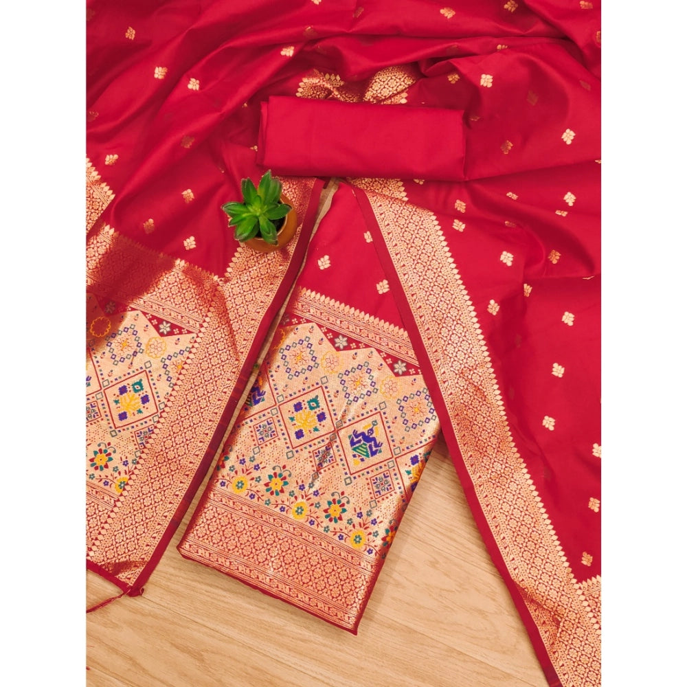 Women's Banarasi Silk Printed Unstitched Salwar Suit Material With Dupatta - Red