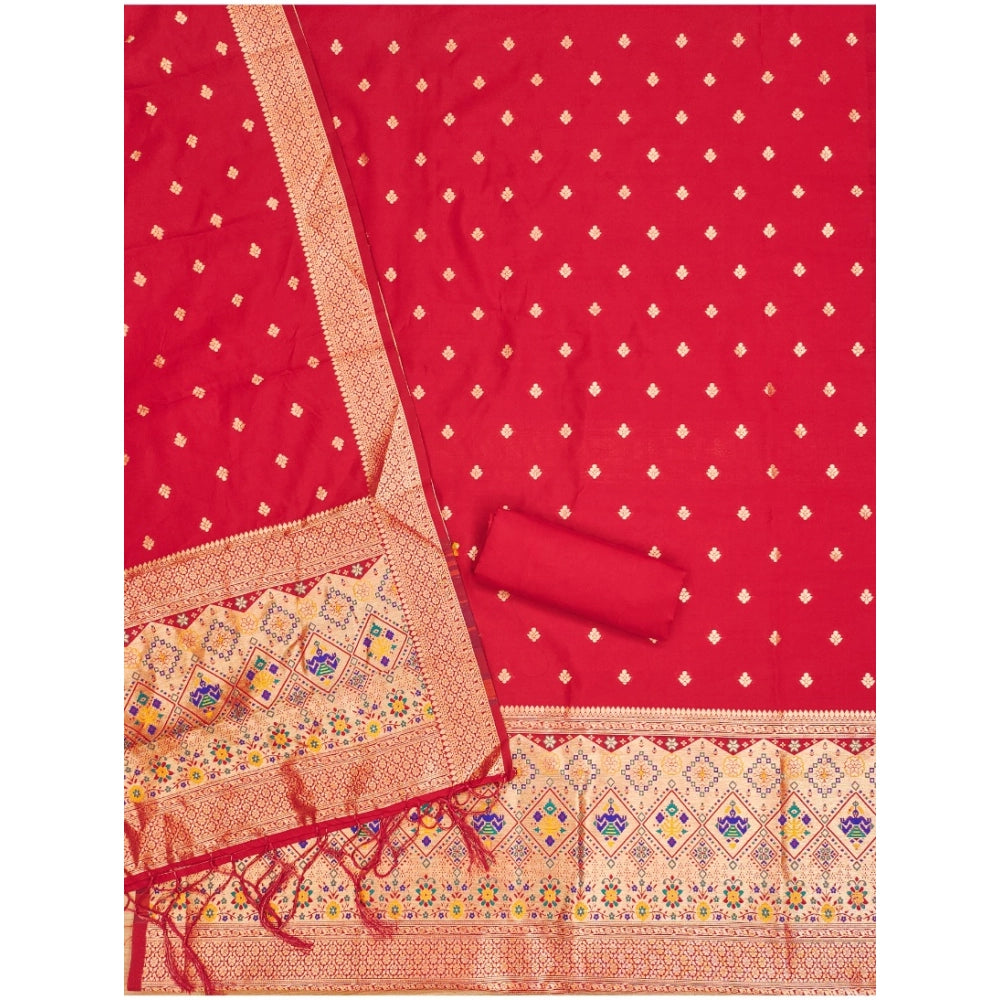 Women's Banarasi Silk Printed Unstitched Salwar Suit Material With Dupatta - Red