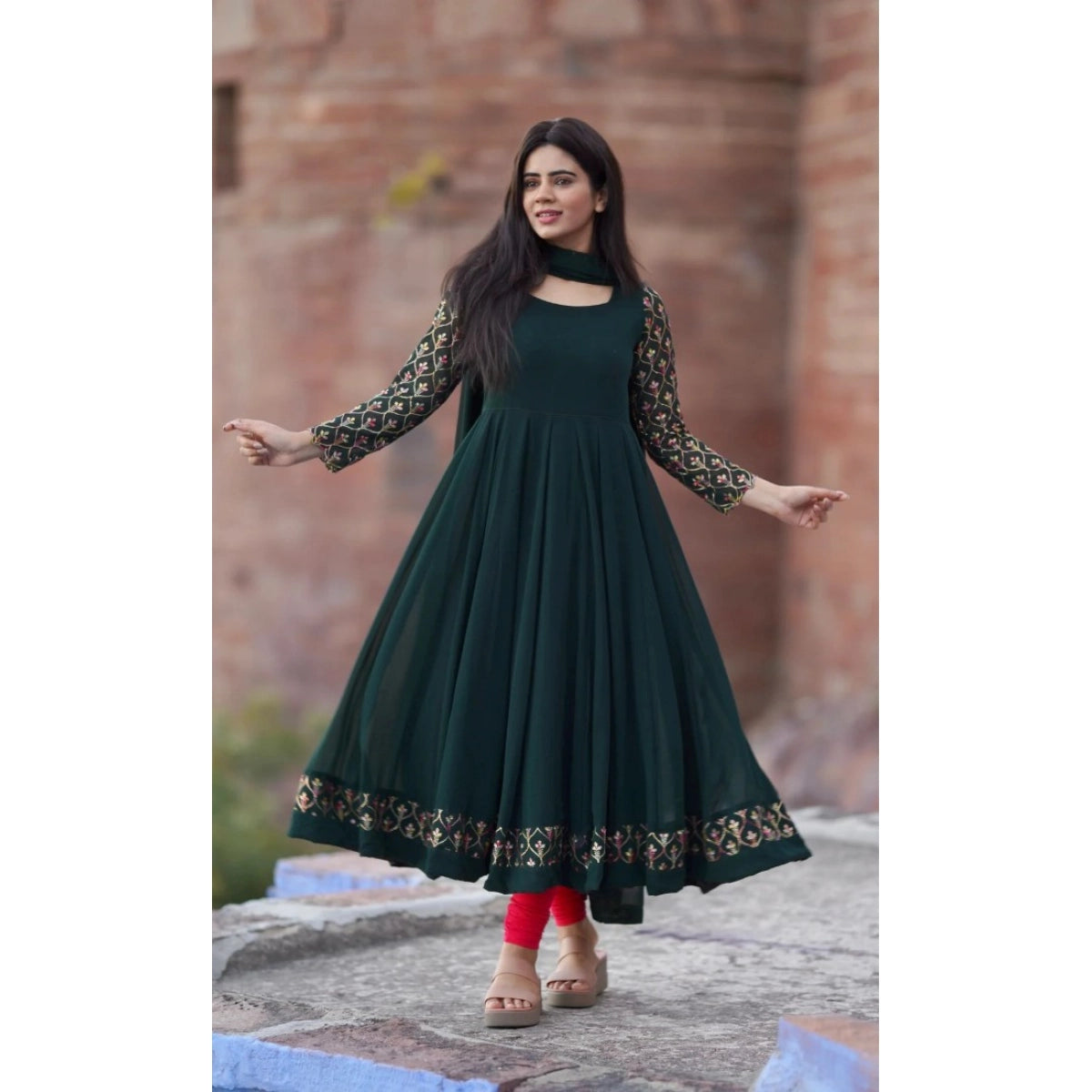 Women's Georgette Embroidery Gown Kurta with Dupatta Set - Green