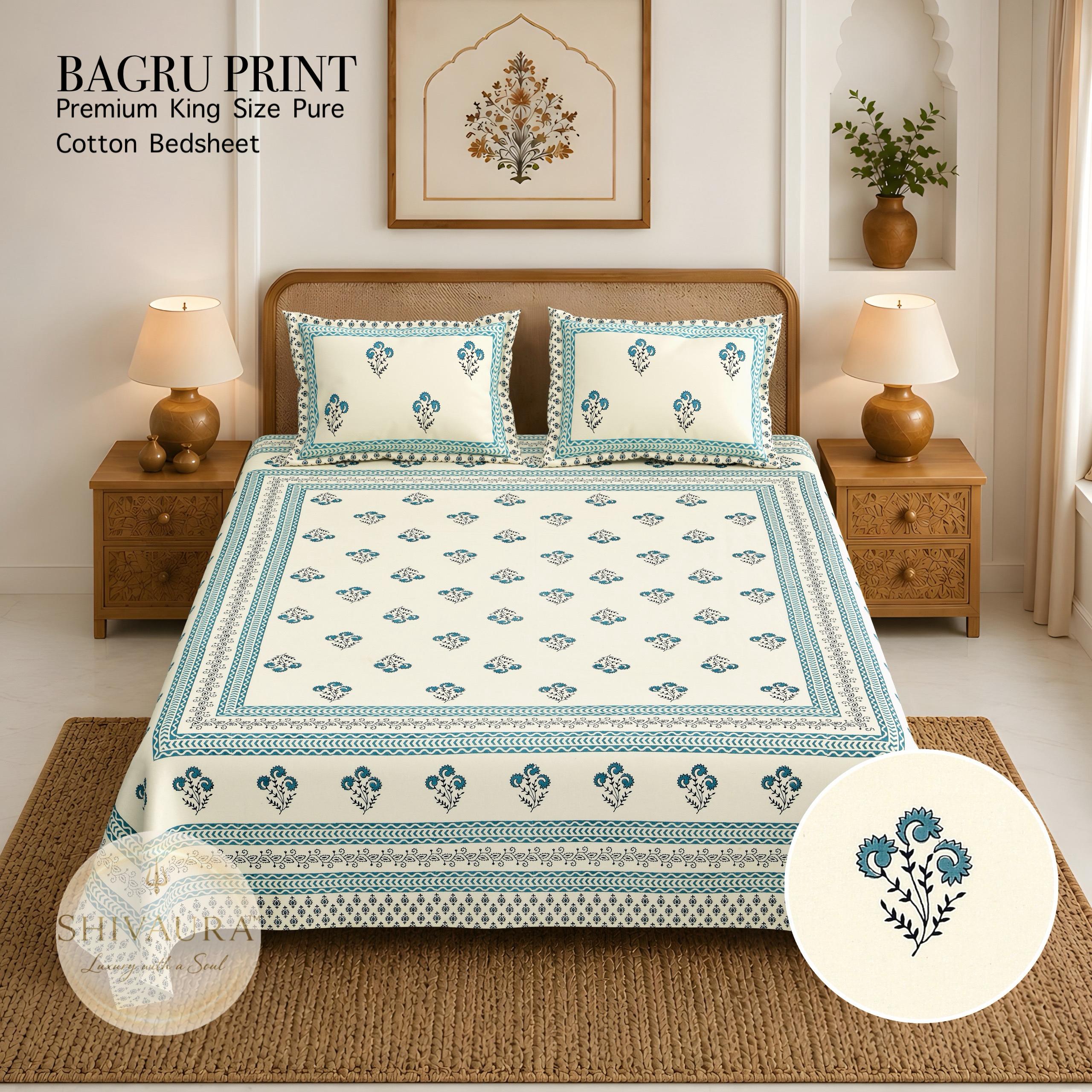 Bagru Print Premium King Size Pure Cotton Bedsheet – Double Bed