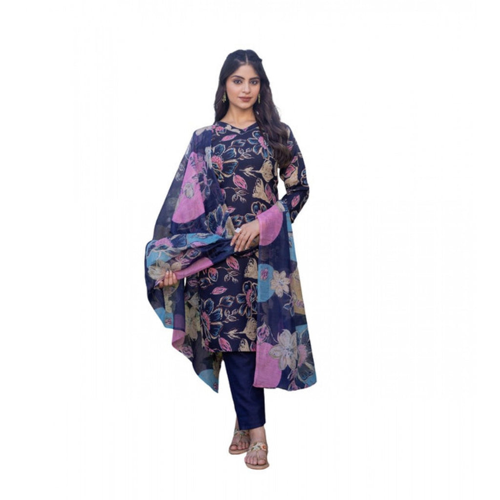 Women's Cotton Blend Printed Kurti With Pant Dupatta Set
