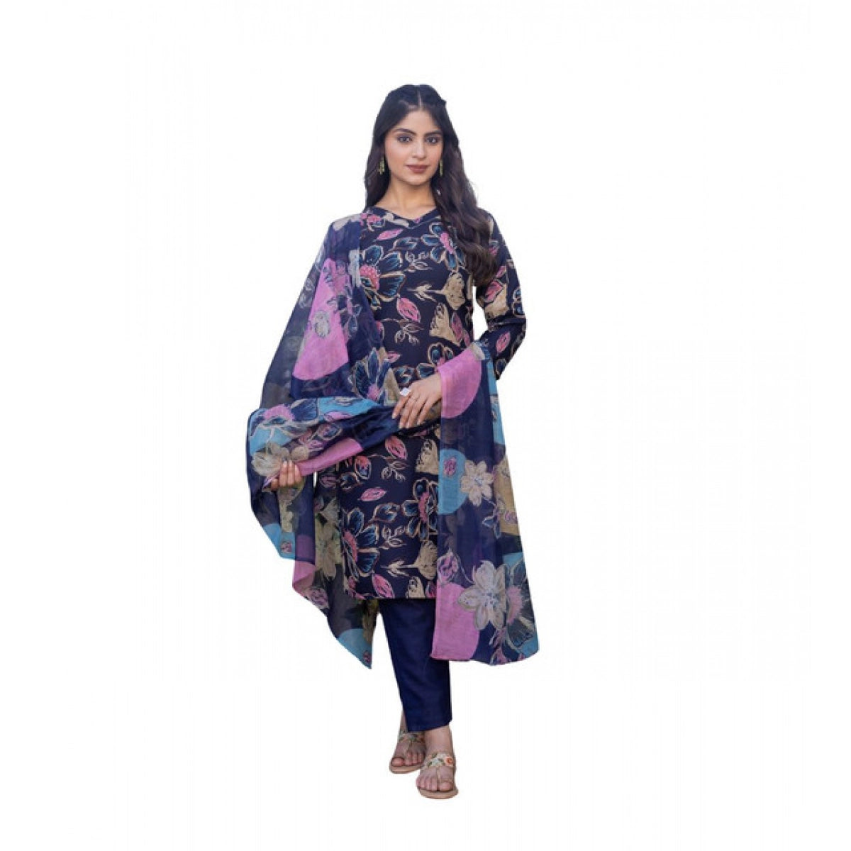 Women's Cotton Blend Printed Kurti With Pant Dupatta Set