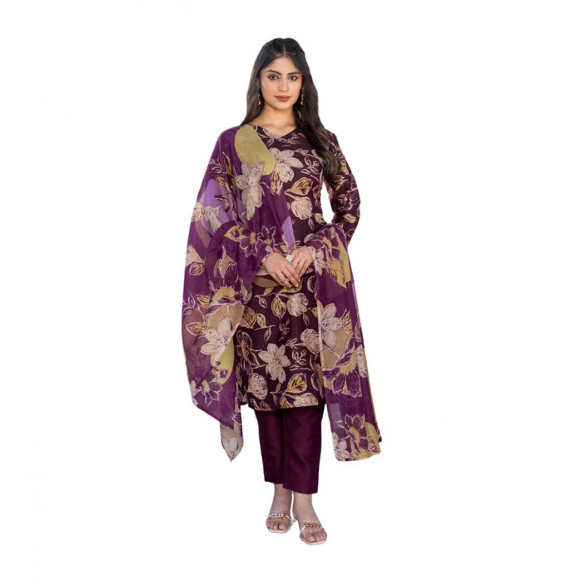 Women's Cotton Blend Printed Kurti With Pant Dupatta Set