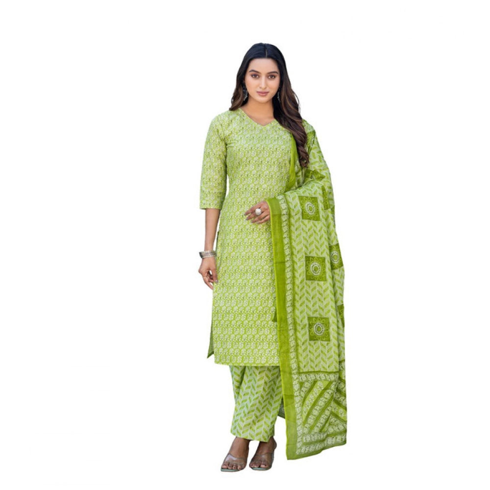 Women's Cotton Blend Printed Kurti With Pant Dupatta Set