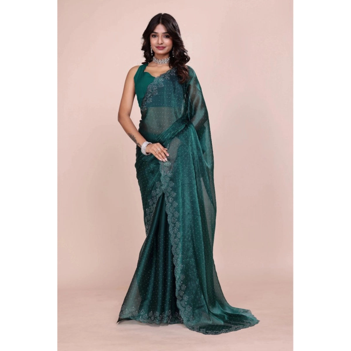 Women's Jimmy Choo Embellished Saree With Unstitched Blouse - Green