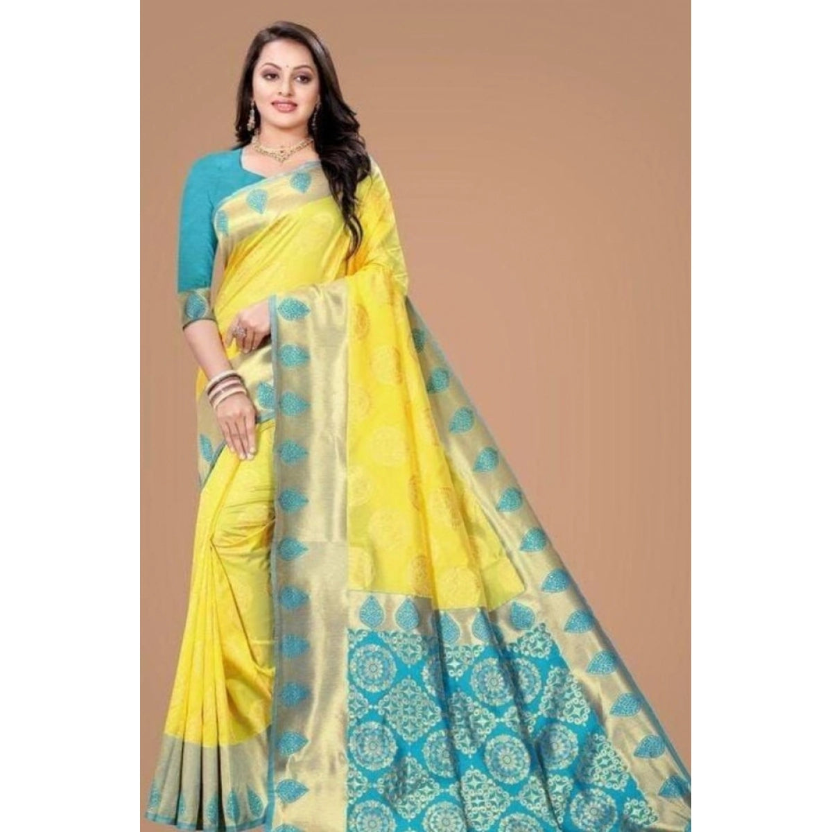 Women's Litchi Silk Printed Saree With Unstitched Blouse - Yellow