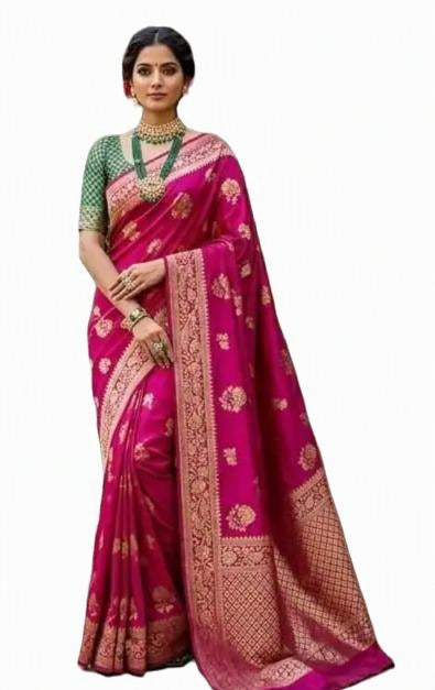 Beautiful Soft Lichi Silk Saree with Jacquard Work | Pink