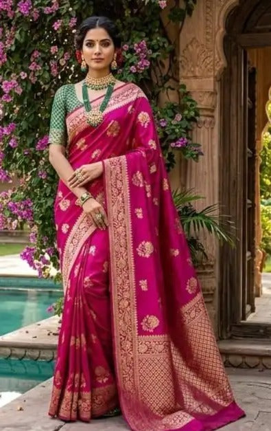 Soft Lichi Silk Saree with Jacquard Work | Deep Pink