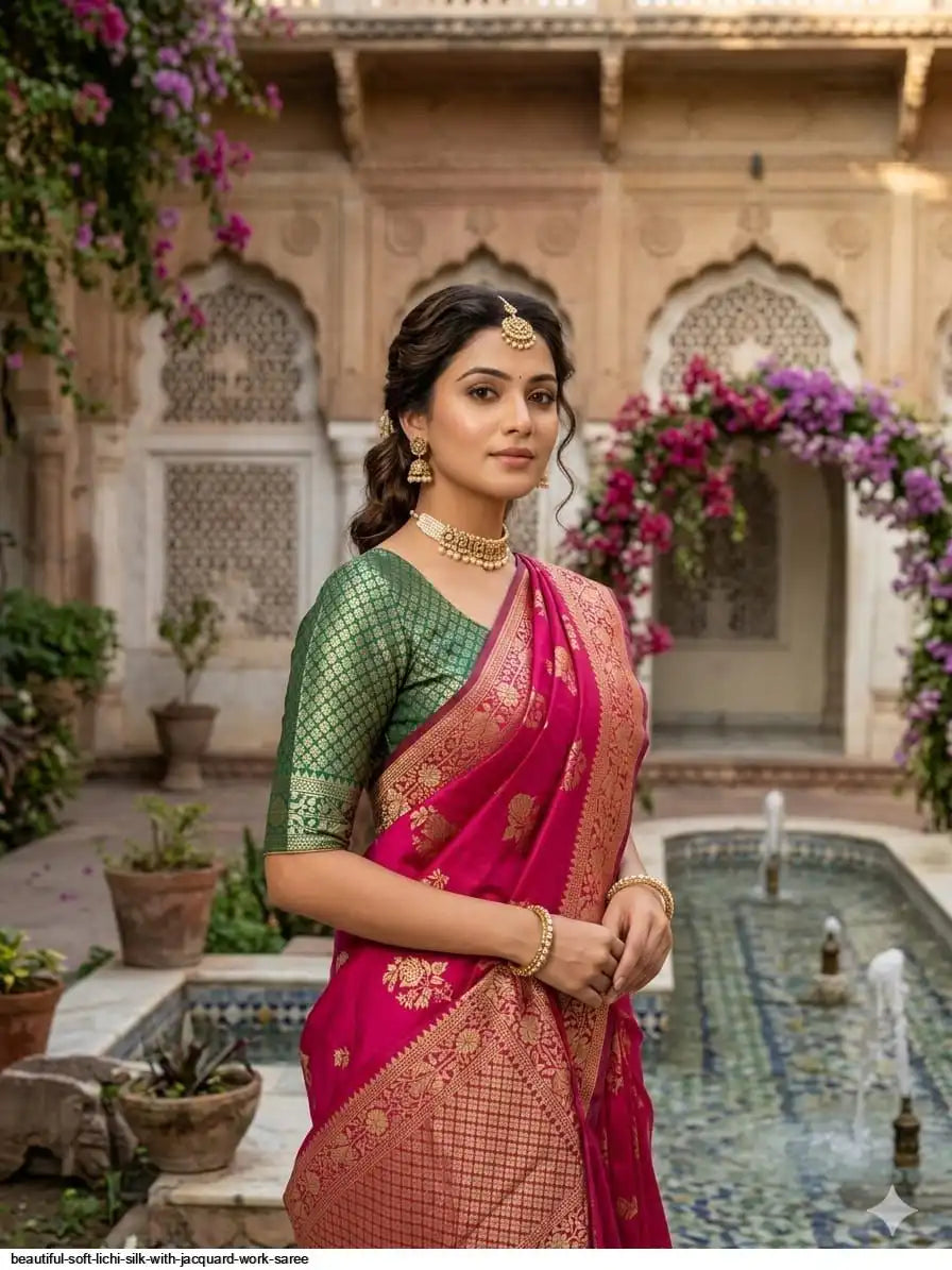 Beautiful Soft Lichi Silk Saree with Jacquard Work | Pink