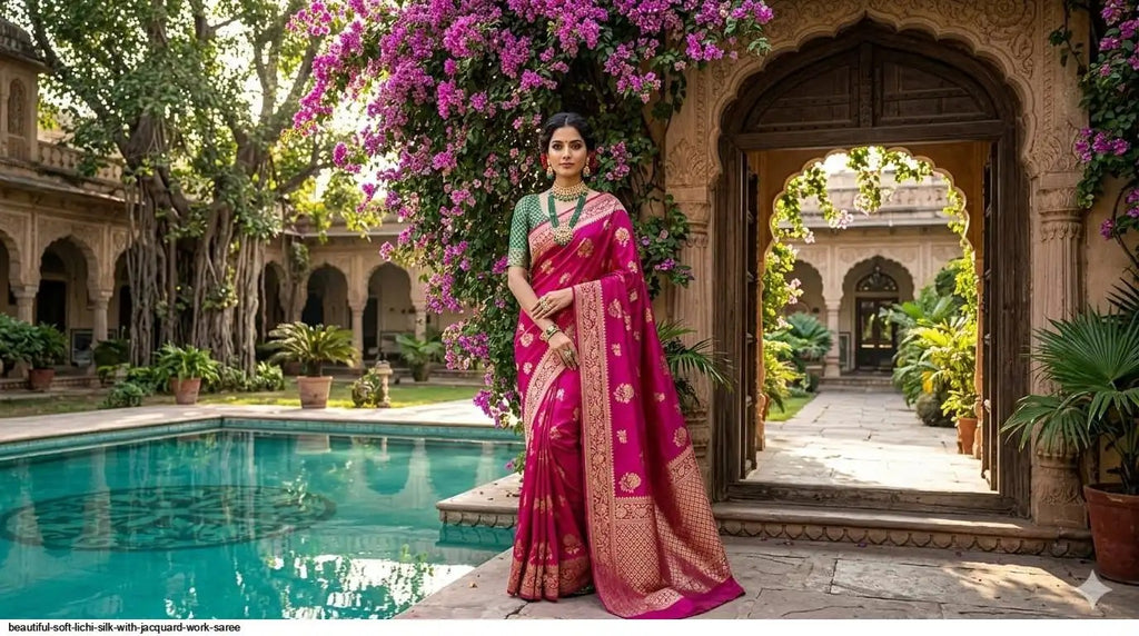 Beautiful Soft Lichi Silk Saree with Jacquard Work | Pink