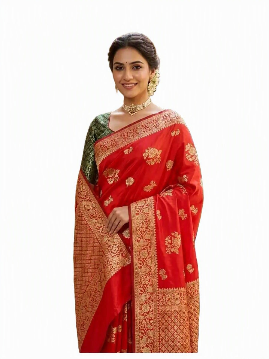 Beautiful Soft Lichi Silk Saree with Jacquard Work | Red