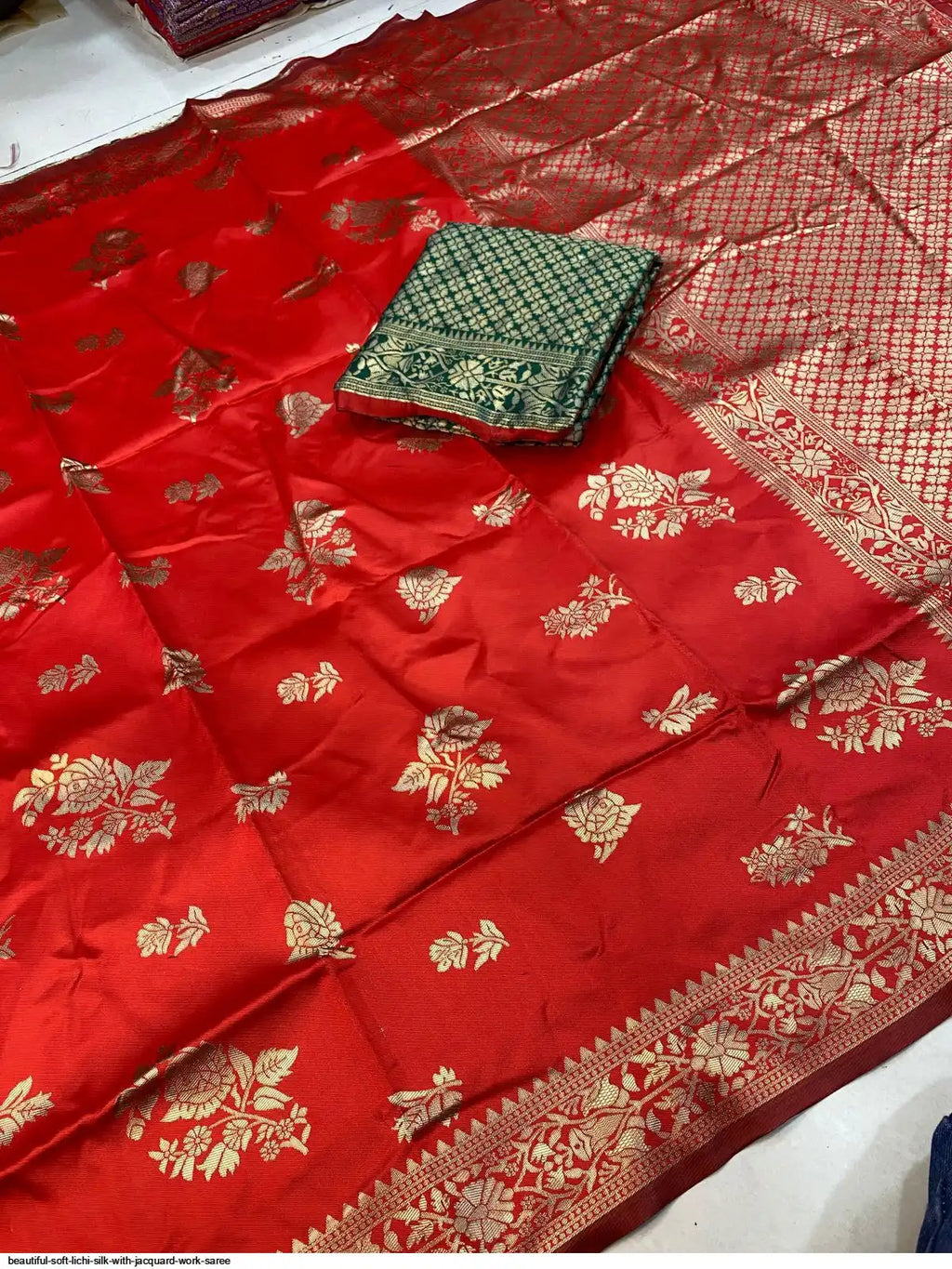 Beautiful Soft Lichi Silk Saree with Jacquard Work | Red