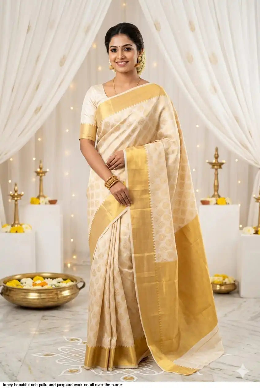 Fancy Jacquard Saree with Rich Pallu | Cream