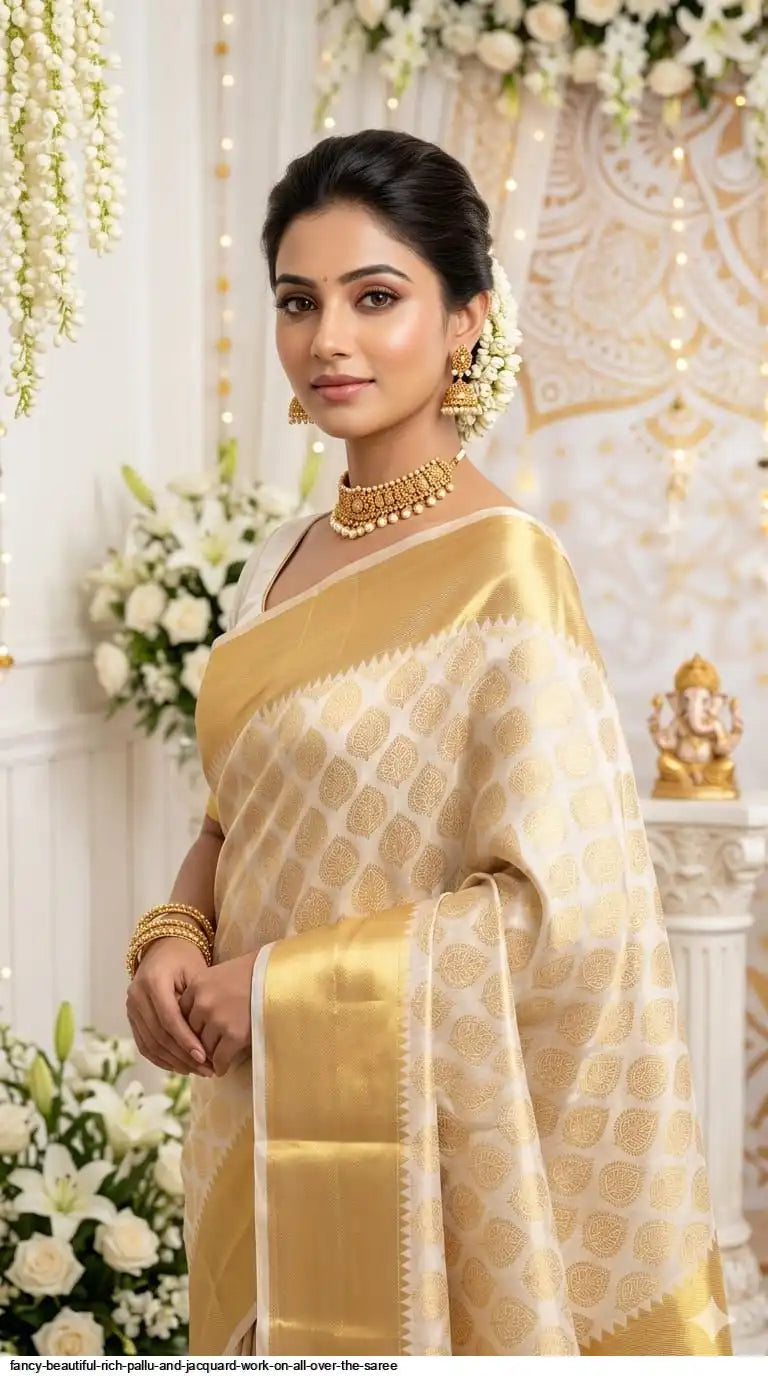 Fancy Jacquard Saree with Rich Pallu | Cream
