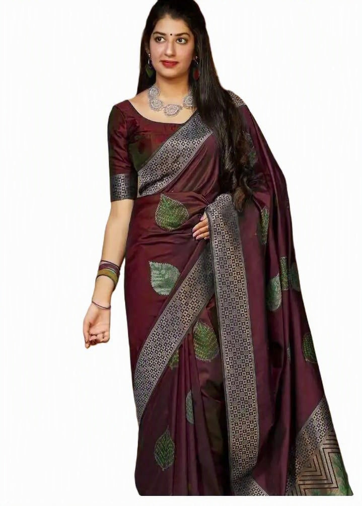 KP 4027 Soft Lichi Silk Jacquard Saree | Brown