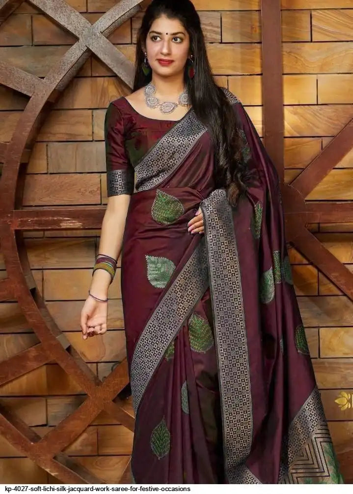 KP 4027 Soft Lichi Silk Jacquard Saree | Brown