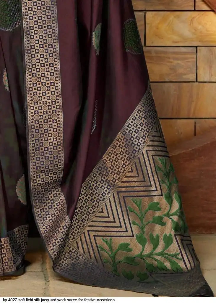 KP 4027 Soft Lichi Silk Jacquard Saree | Brown