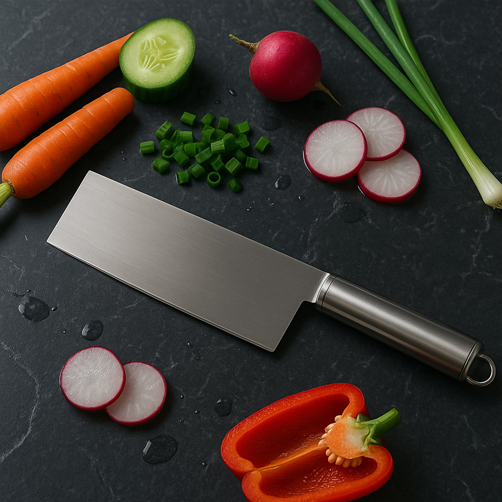The Wukusy Professional-grade Stainless Steel Vegetable Cleaver Knife 1 Pc rests on a black countertop, surrounded by fresh carrots, cucumber, radish slices, scallions, and halved red bell pepper, with water droplets glistening nearby.