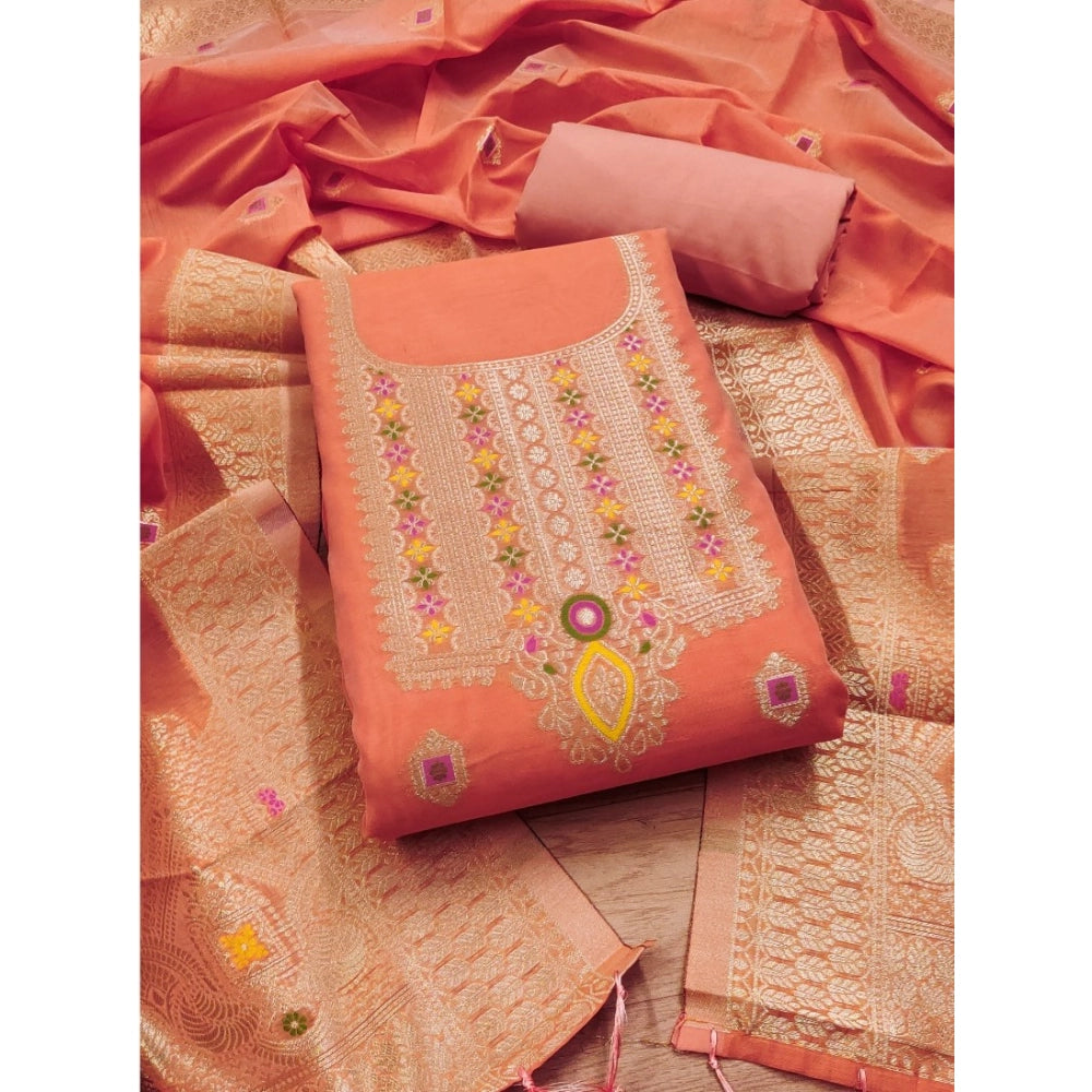 Women's Banarasi Silk Printed Unstitched Salwar Suit Material With Dupatta - Peach