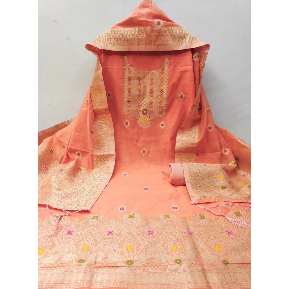 Women's Banarasi Silk Printed Unstitched Salwar Suit Material With Dupatta - Peach
