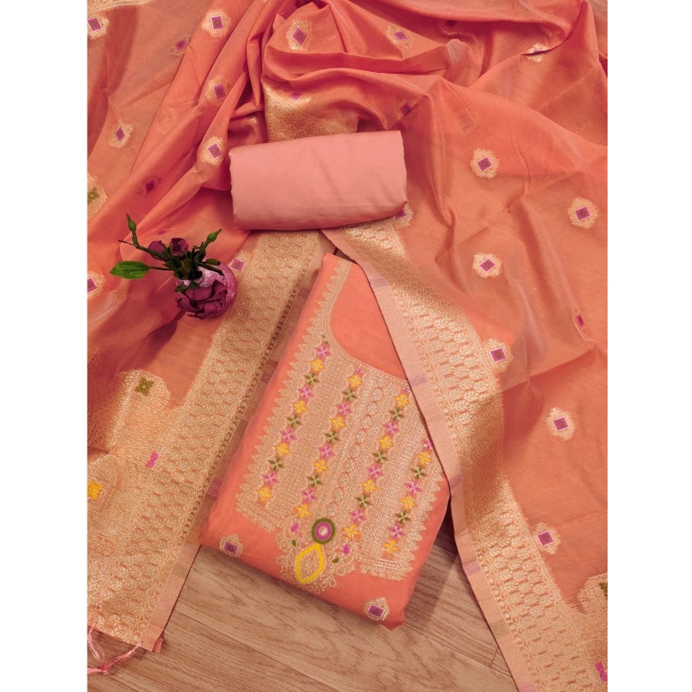 Women's Banarasi Silk Printed Unstitched Salwar Suit Material With Dupatta - Peach