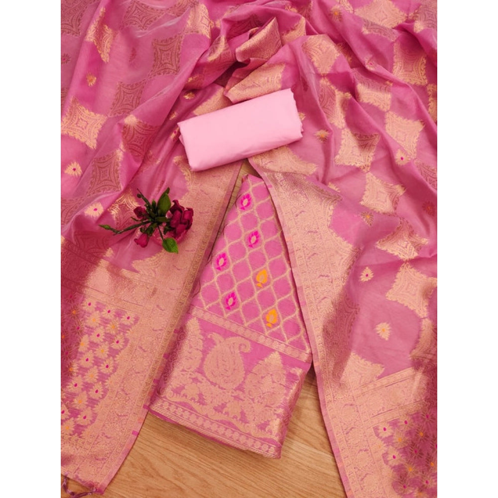 Women's Banarasi Silk Printed Unstitched Salwar Suit Material With Dupatta - Pink