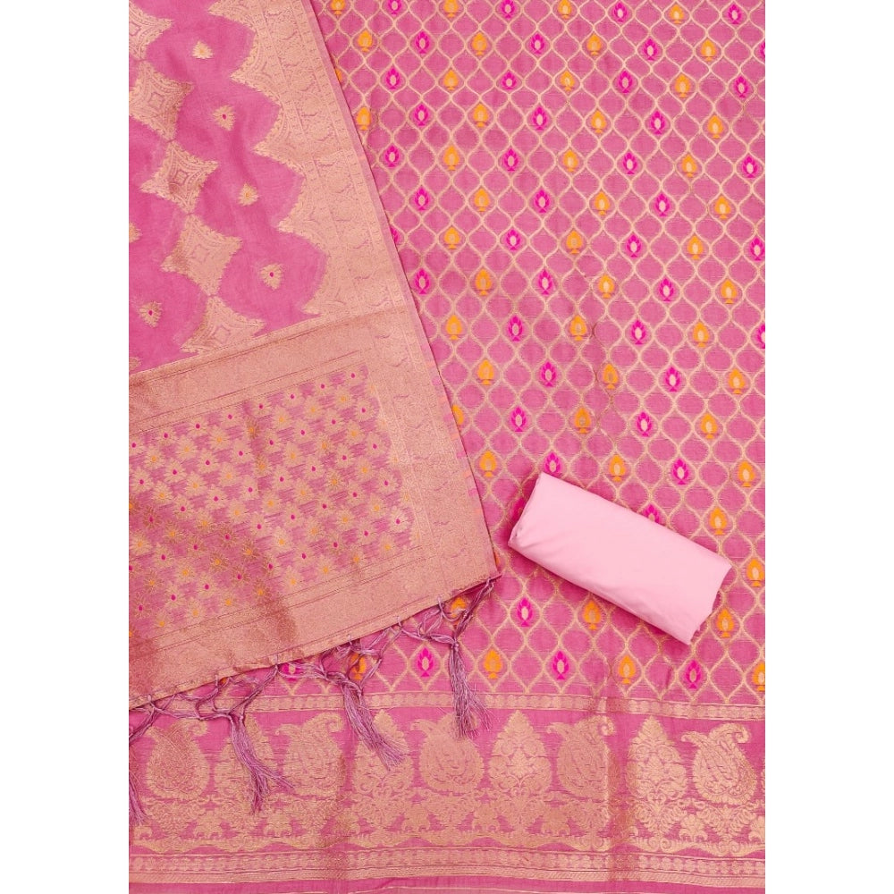 Women's Banarasi Silk Printed Unstitched Salwar Suit Material With Dupatta - Pink