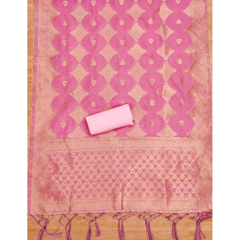 Women's Banarasi Silk Printed Unstitched Salwar Suit Material With Dupatta - Pink