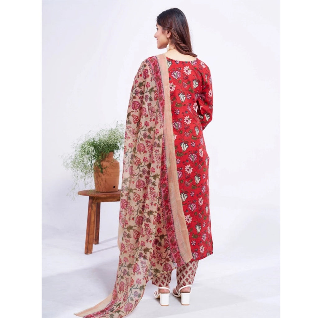 Women's Cotton Blend Printed Kurti With Pant Dupatta Set (Rama)